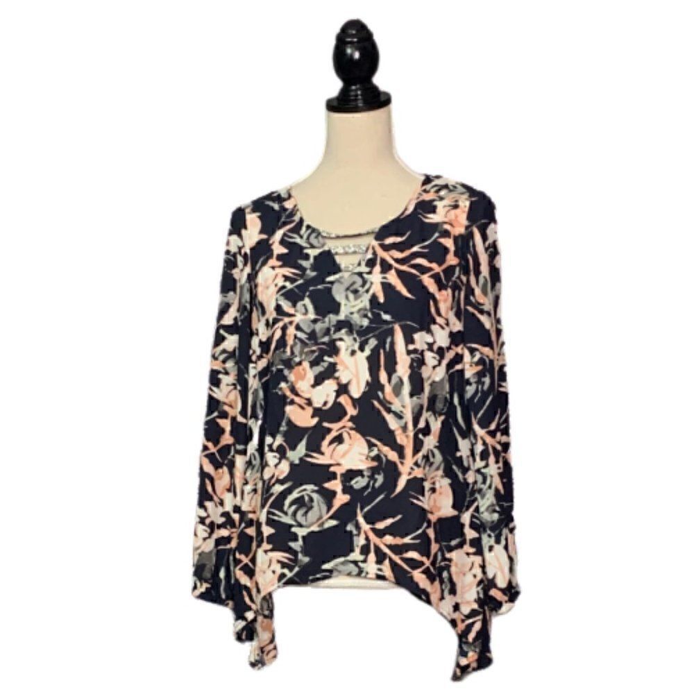 Juicy Couture Navy Pink Floral Blouse Sz S